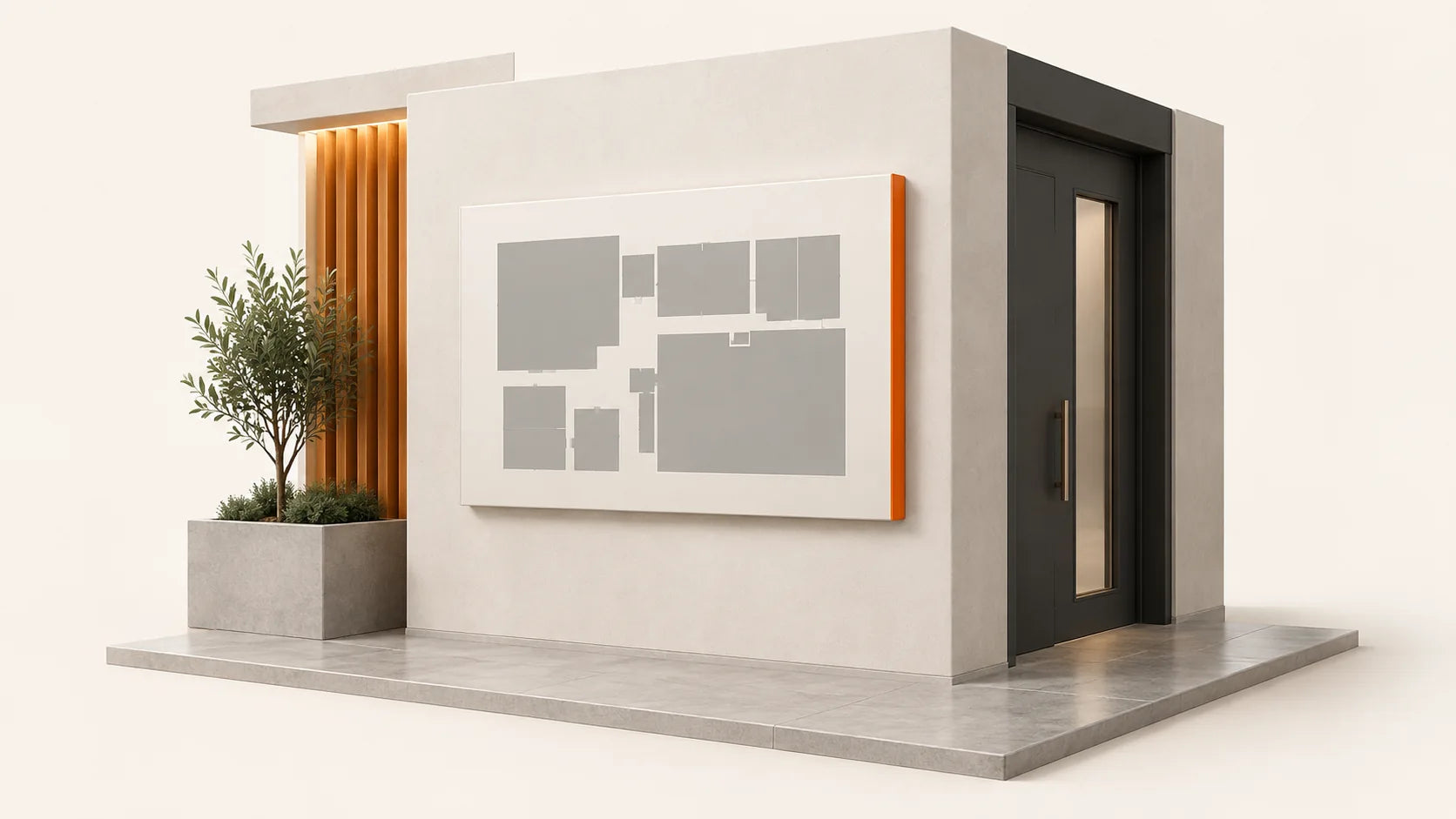 Maquette d’un hall avec un support mural représentant un plan schématique