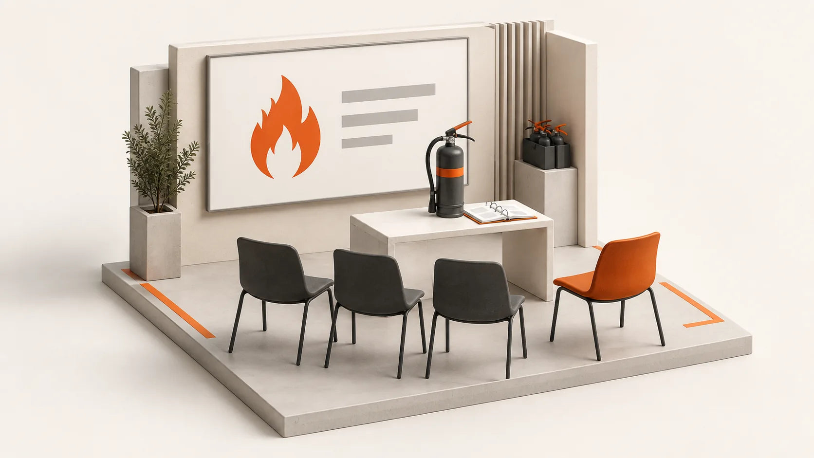 Maquette d’une salle de formation avec des sièges et du matériel de démonstration