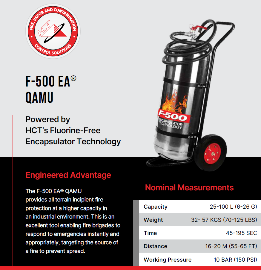 Brochure d'information produit Unité mobile d'attaque rapide QAMU 50 litres F-500 sur roues pour feux de batteries lithium-ion