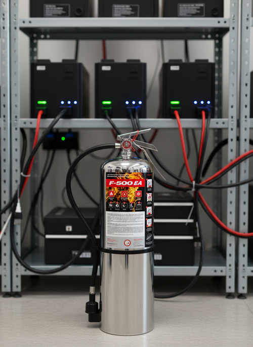 Extincteur F-500 avec agent d’encapsulation pour feux de batteries lithium-ion