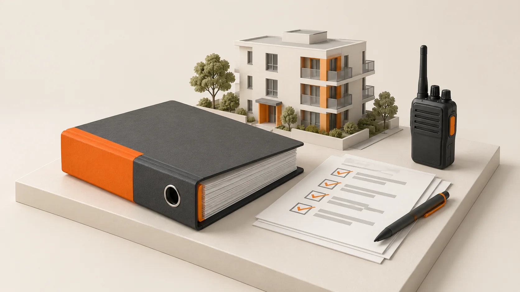Maquette d’un bâtiment résidentiel avec un cartable, une radio et des documents de préparation