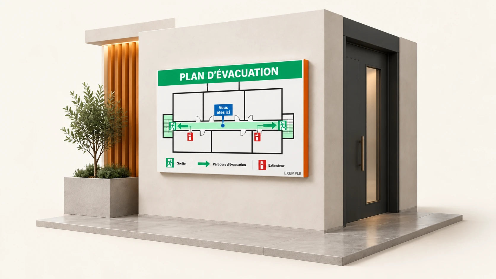 Exemple de plan d’évacuation mural avec sorties, parcours verts et repère « Vous êtes ici »
